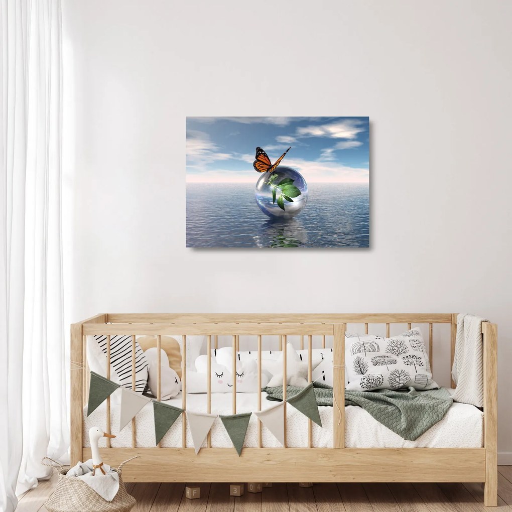 Obraz na szkle motyla na szklanej kuli (70x50 cm)