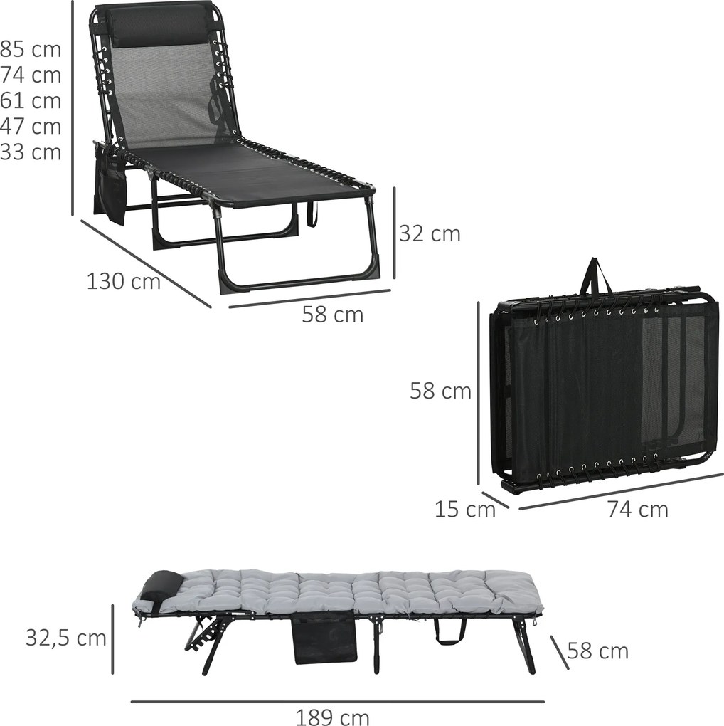 Outsunny Leżak składany, regulowane 5-pozycyjne oparcie, poduszka, wałek, do 120 kg, Stal, szary, 58 x 189 x 32,5 cm