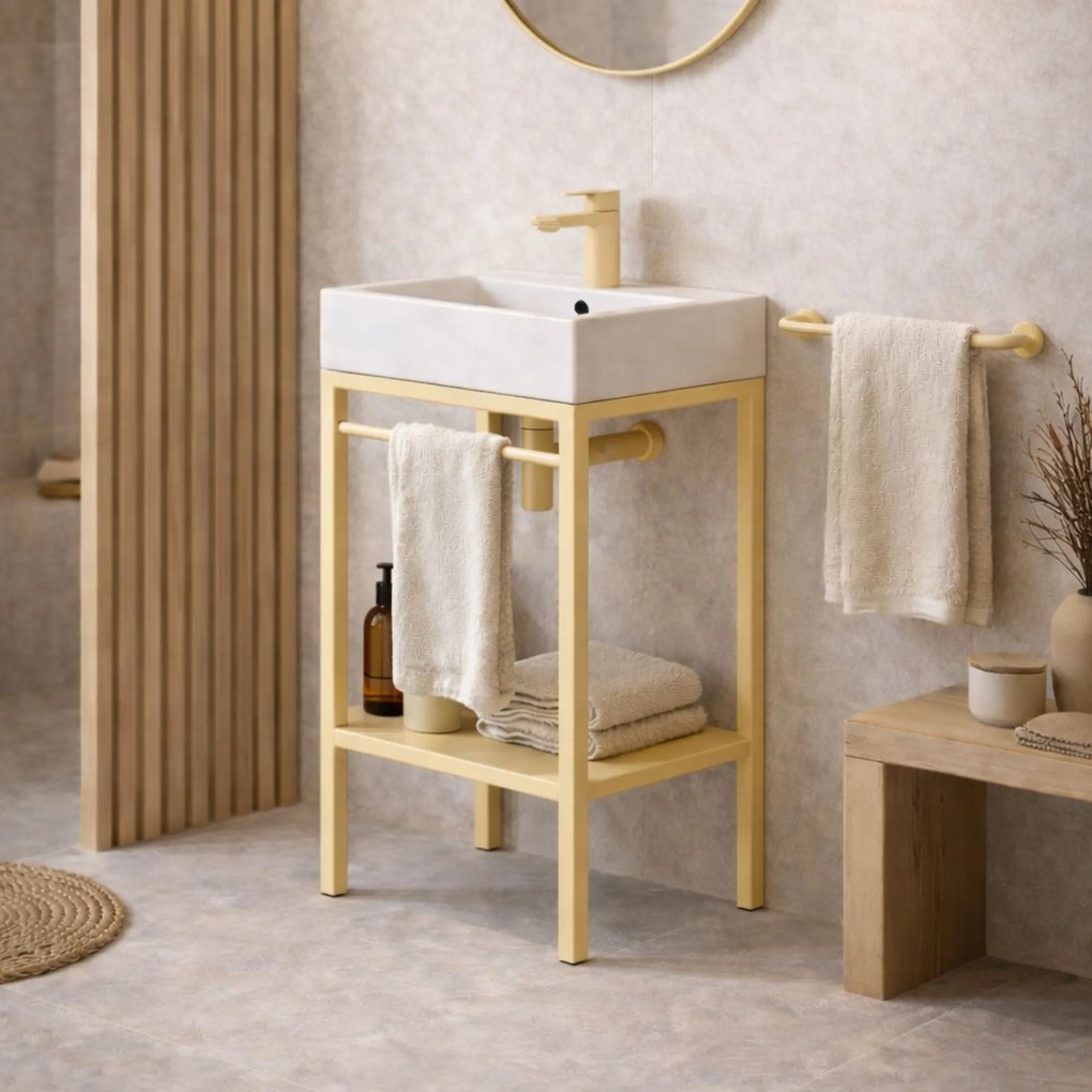 Zestaw umywalka z konglomeratu NAVI 50 x 45 cm + stojąca konsola NAVI Step | Różne kolory | Różne rozmiary : Kolor - Żółty, Otwór na baterię - Jeden otwór, Rozmiar - 60 x 45 cm