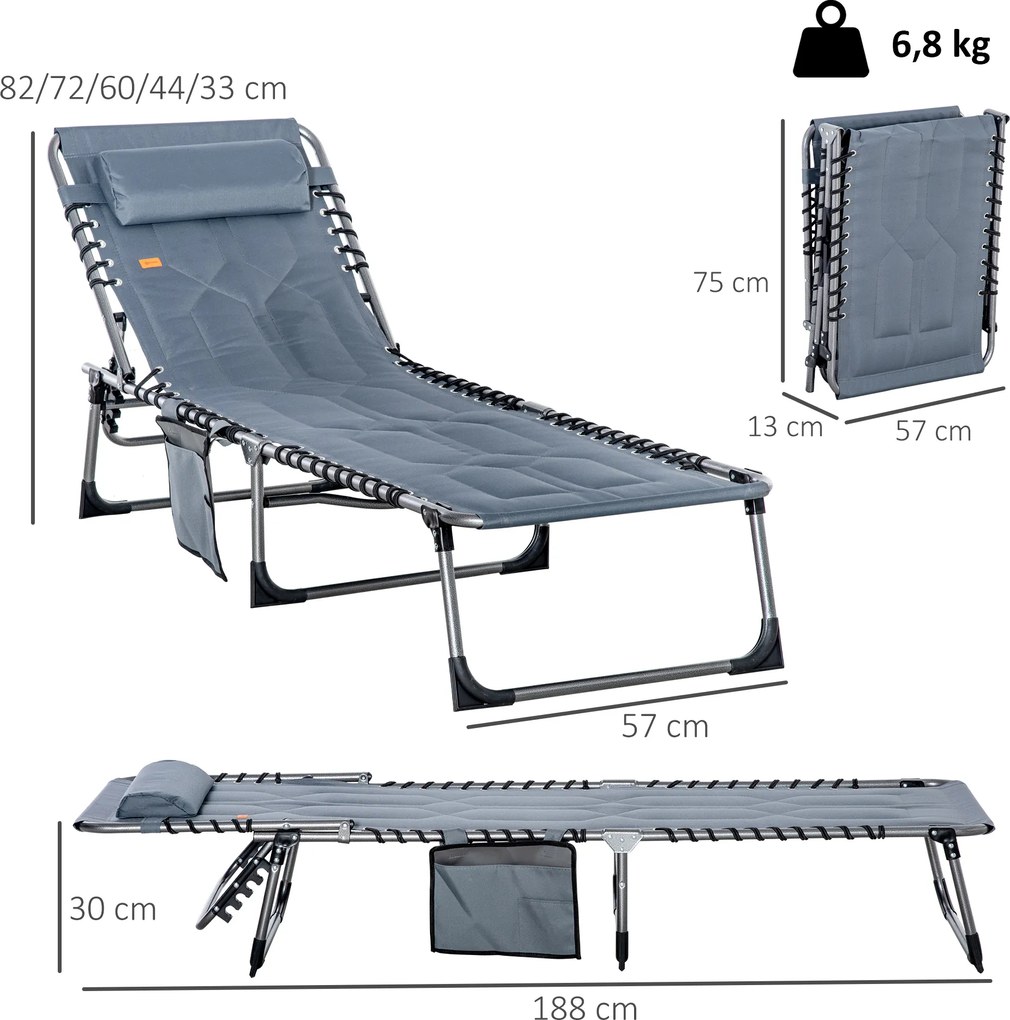 Outsunny Leżanka Ogrodowa Składana z Poduszką, Regulowane Oparcie w 5 Pozycjach, Tkanina Oxford, 188 x 57 x 30 cm, Szara