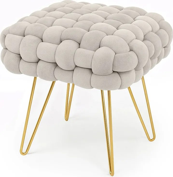 Pufa z plecioną tapicerką welurowa 38 cm DOTTY Kremowa