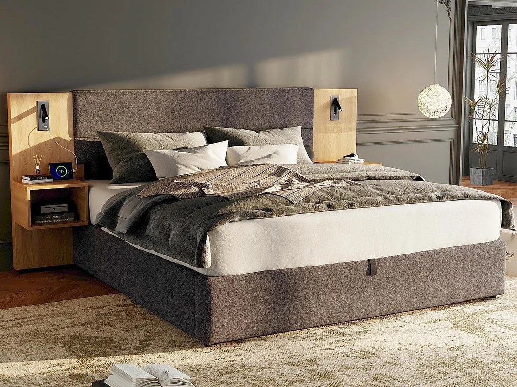 Łóżko kontynentalne szerokie 160x200 cm tapicerowane welurem - z portem USB i LED - 2 stoliki nocne - Szary i Naturalny