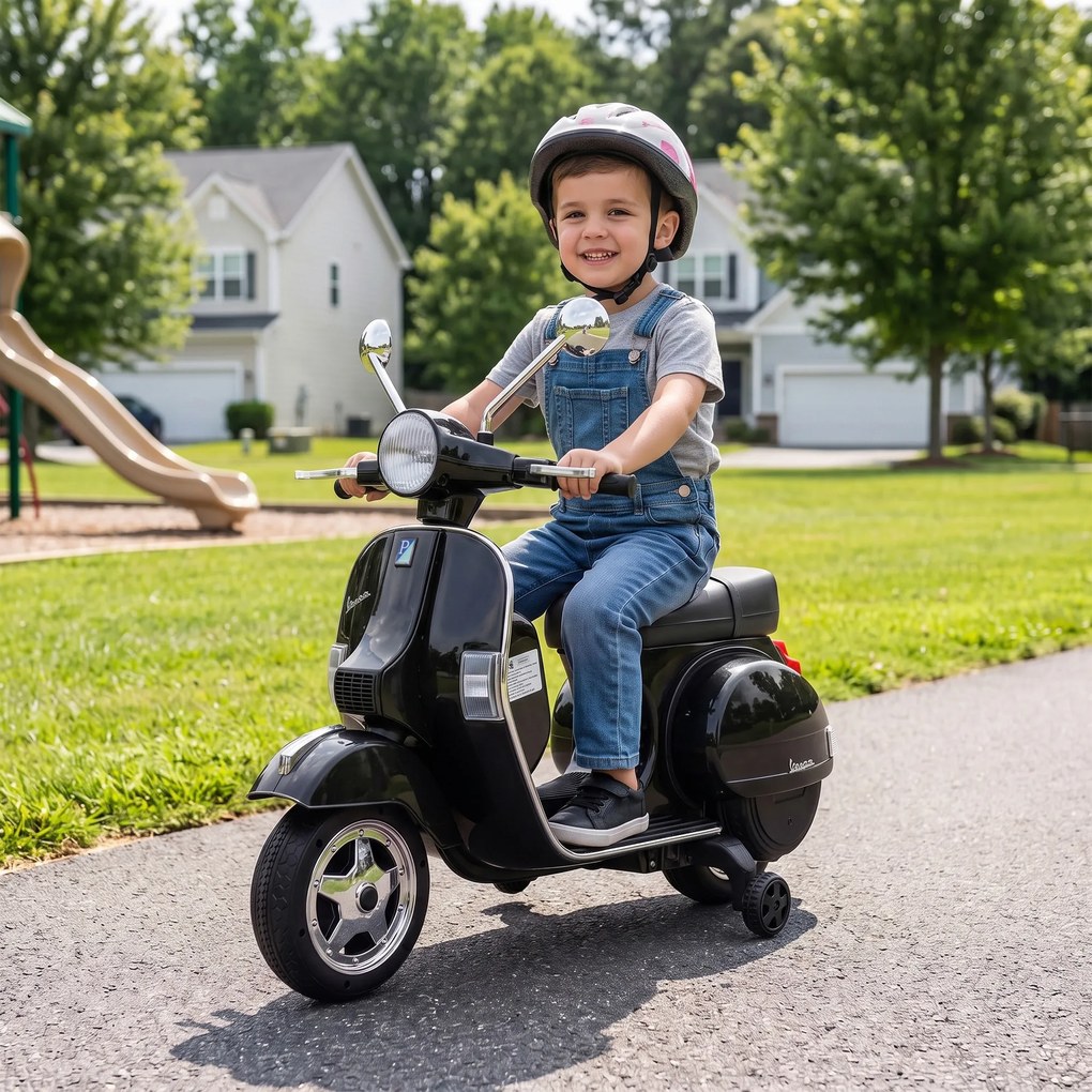 AIYAPLAY Elektryczny motocykl dziecięcy Vespa PX150 12V z akumulatorem litowym 35W 2 silniki 25° ograniczenie skrętu dla dzieci 3-6 lat | Aosom PL