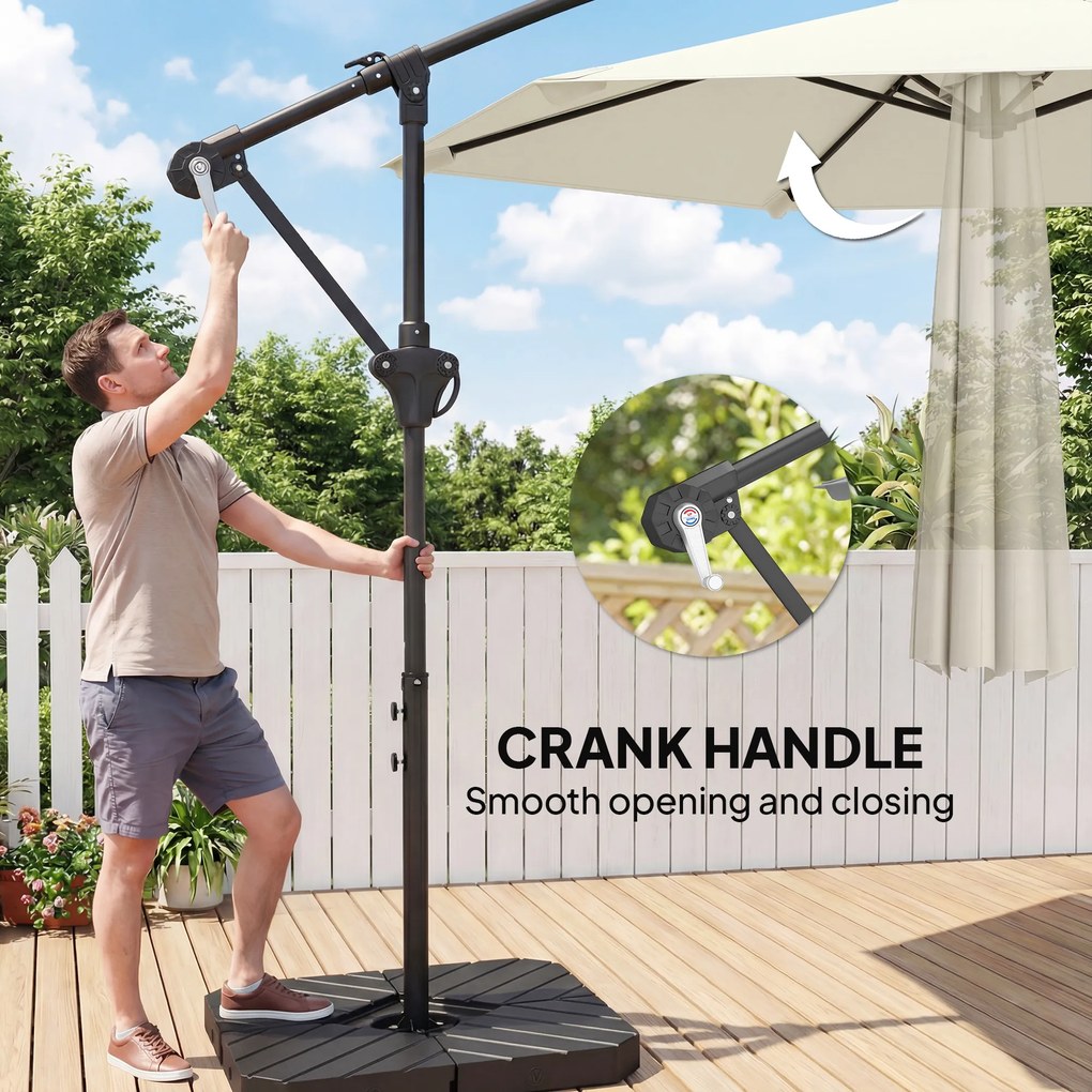 Outsunny Parasol ogrodowy Ø300 cm z mechanizmem blokującym, korbą, podstawą i wagami, kremowy | Aosom PL
