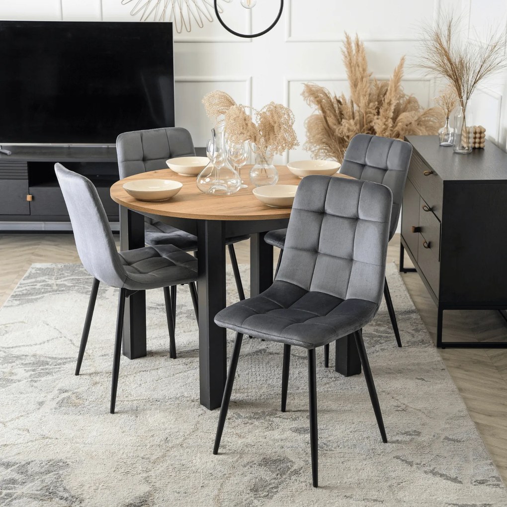 Zestaw Stół Okrągły Rozkładany HARRY 102-142 cm Dąb Craft/Czarny i 4 Krzesła Tapicerowane PERU Szare Welurowe Nowoczesne