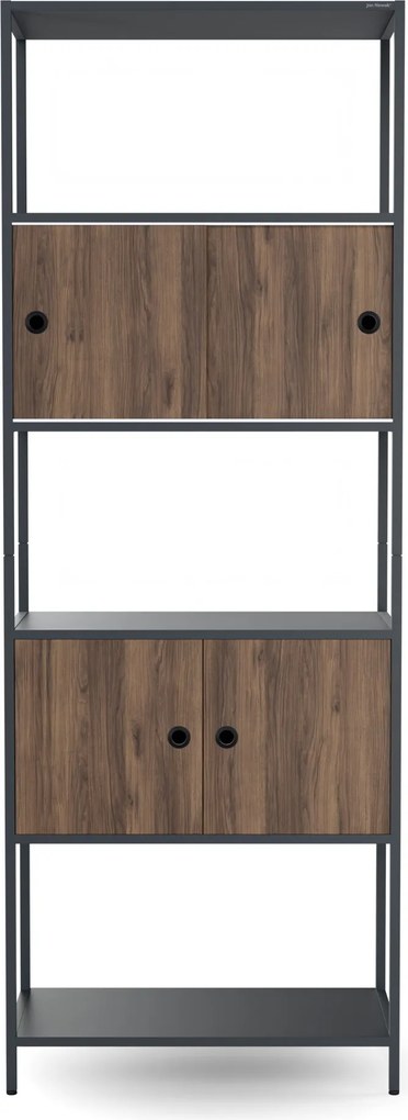 Regał na segregatory z szafką zamykaną, biurowy, otwarte półki, metalowy antracytowy/orzech, 800x2200x400 mm: ARIEL Eco Design