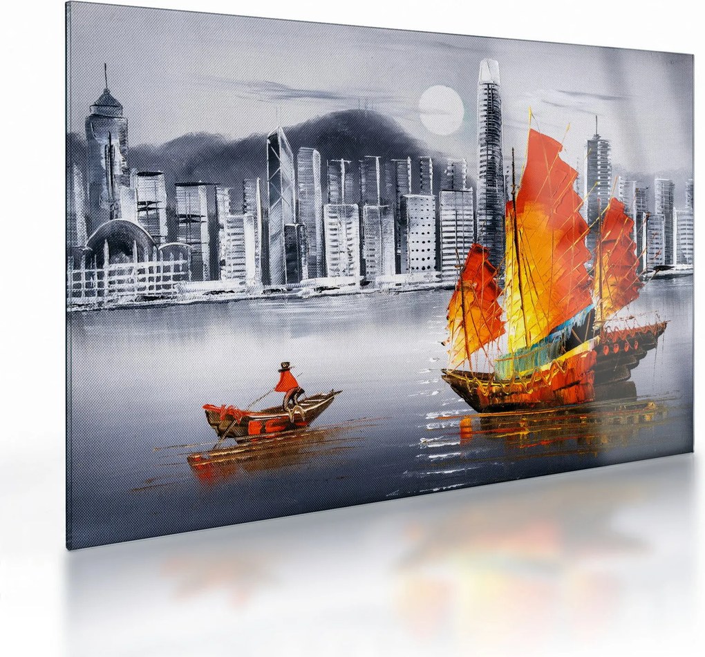 Obraz na szkle - Victoria Harbor, Hongkong, czarno-biały obraz olejny (70x50 cm)