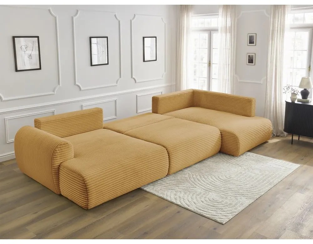 Musztardowy sztruksowy rozkładany/ze schowkiem narożnik (prawostronny/w kształcie litery U) Lucien – Bobochic Paris