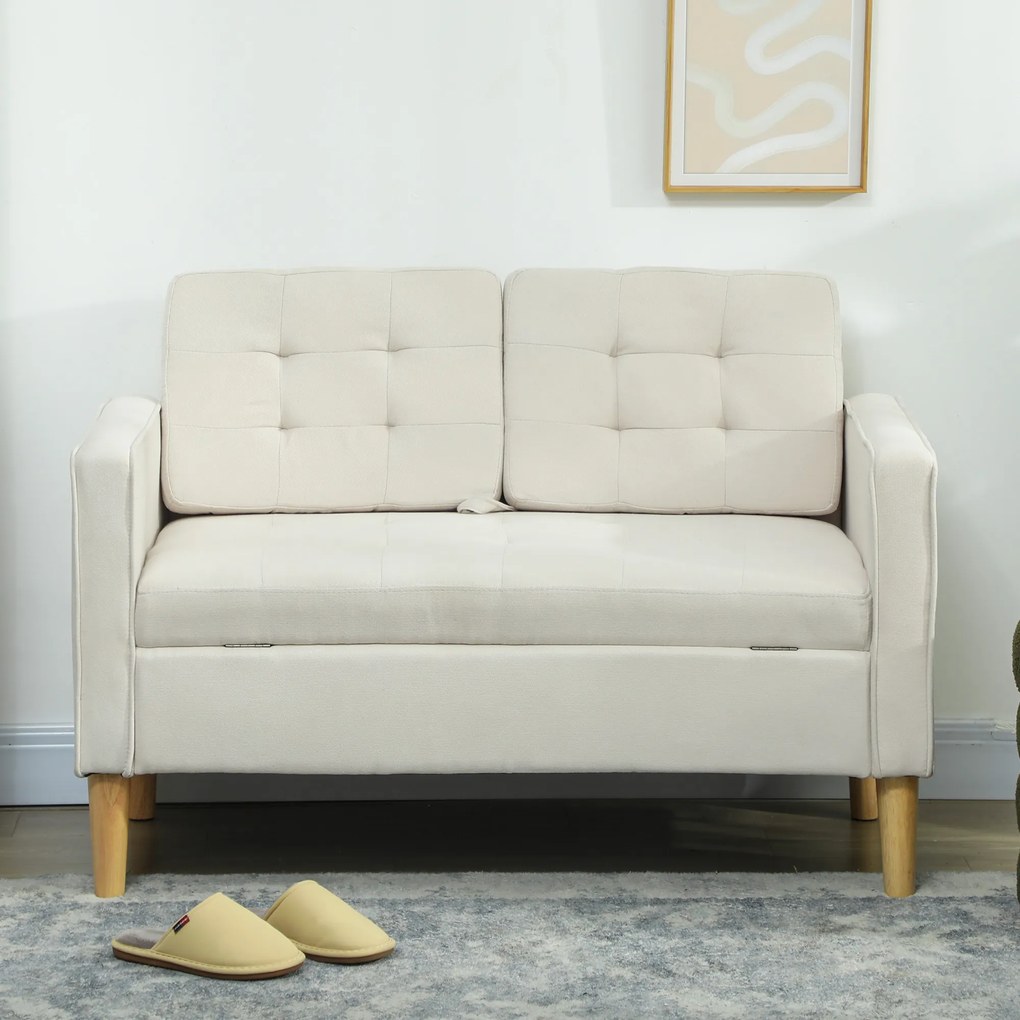 HOMCOM Sofa 2-osobowa z pojemnikiem i pikowaniem — welur, kremowa, 117×62×78 cm