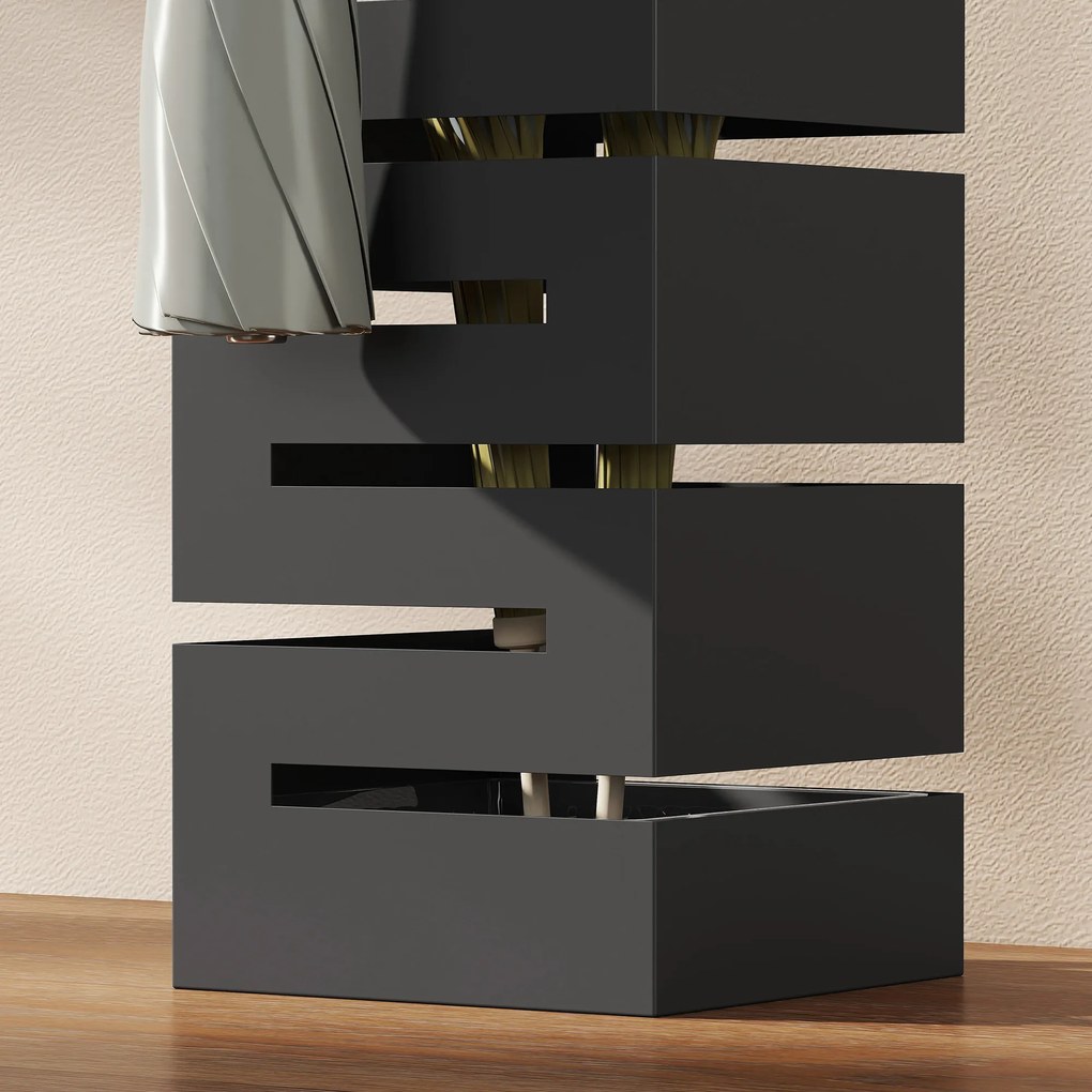 HOMCOM Stojak na parasole, metalowy stojak na parasole, wolnostojący stojak z haczykami i tacką ociekową, miejsce na 8 parasoli, czarny | Aosom PL