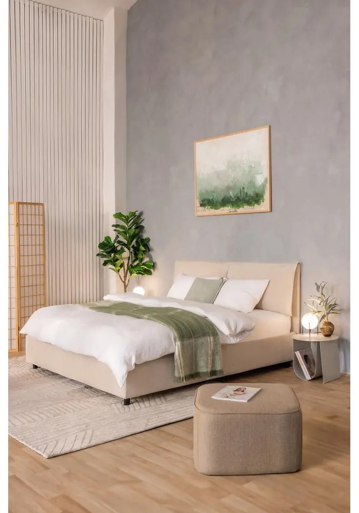 Beżowe tapicerowane łóżko dwuosobowe ze schowkiem i stelażem 160x200 cm Myra Pillow – Bonami Selection