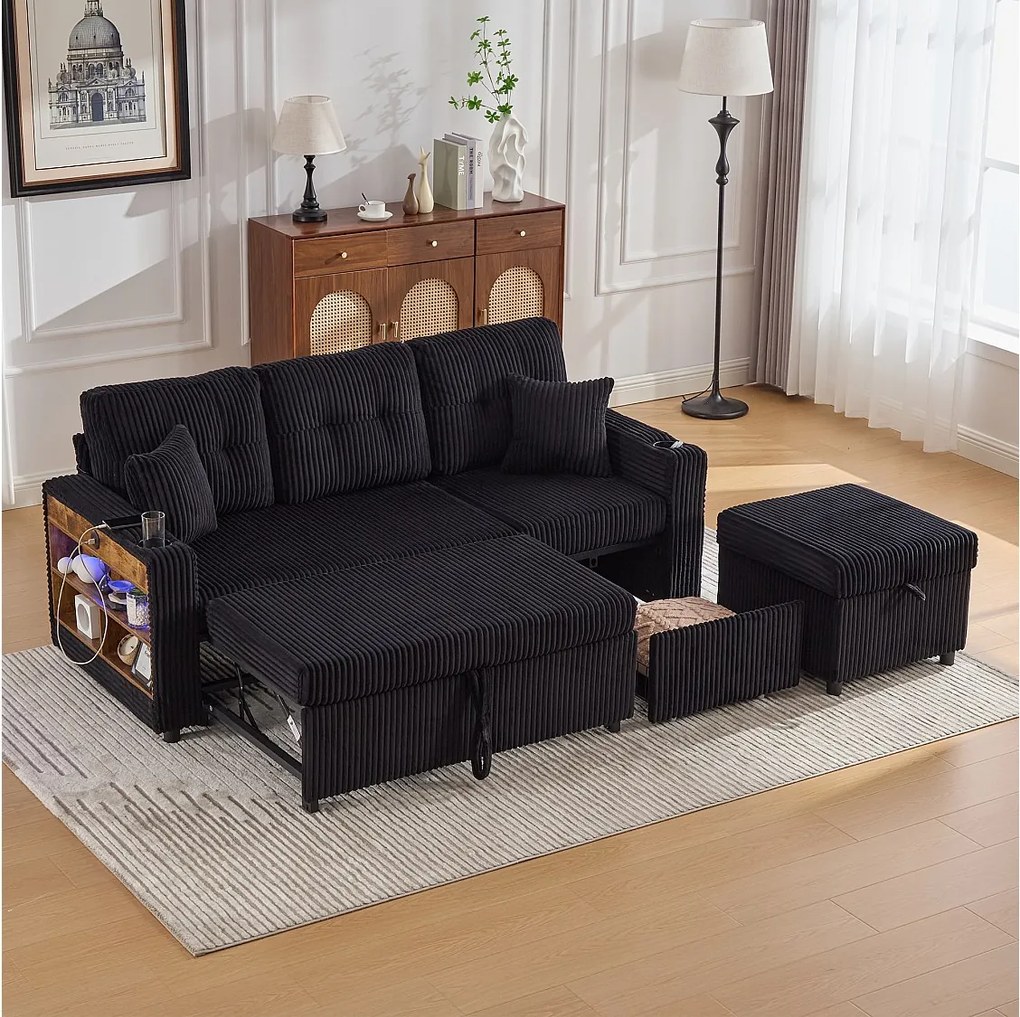 Sofa rozkładana, 2-osobowa z oświetleniem LED, portami USB, pufem ze schowkiem i szufladami – czarny sztruks
