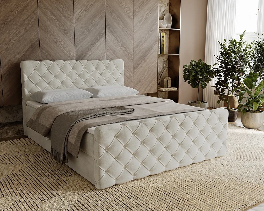 Emporius Portofino łóżko kontynentalne 140x200 - łóżko małżeńskie z nakładką na materac, materac H3 - tkanina aksamitna, kremowy (Elegance 1)