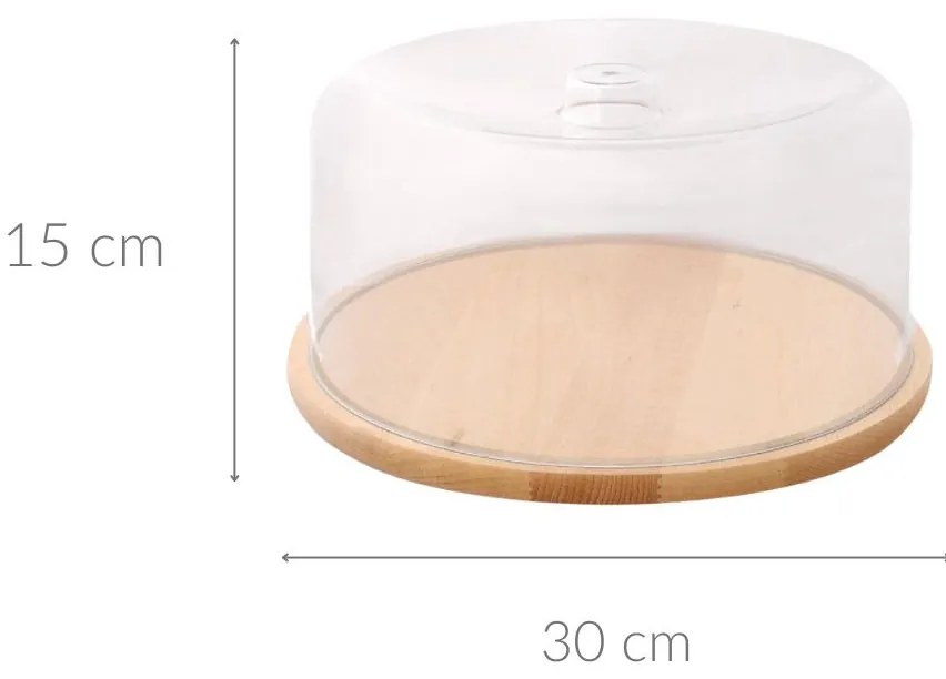 Drewniana patera z przeźroczystym kloszem, Ø 30 cm