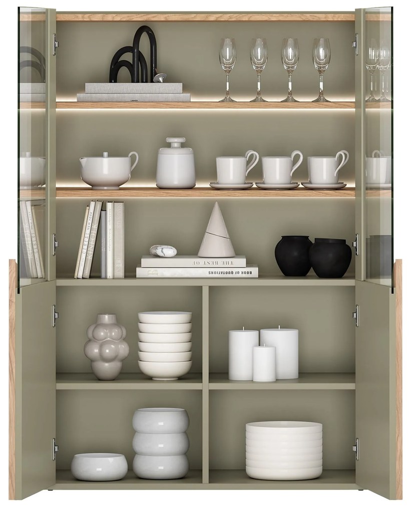 Witryna Amilio 100 cm dwudrzwiowa - eukaliptus / dąb baltic dune / uchwyty dąb naturalny