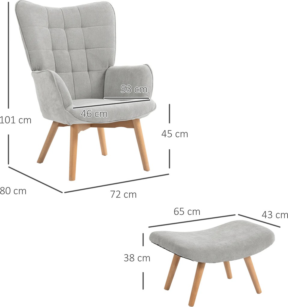 HOMCOM Fotel akcentowy w stylu skandynawskim, fotel z otomaną, zestaw, drewno bukowe, wykończenie corduroy, Szary