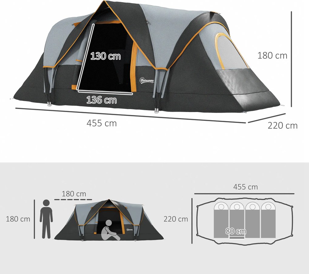 Outsunny Namiot campingowy dla 5-6 osób, rodzinny, z torbą, 4,55x2,2x1,8m, Jasnoszary/Czarny