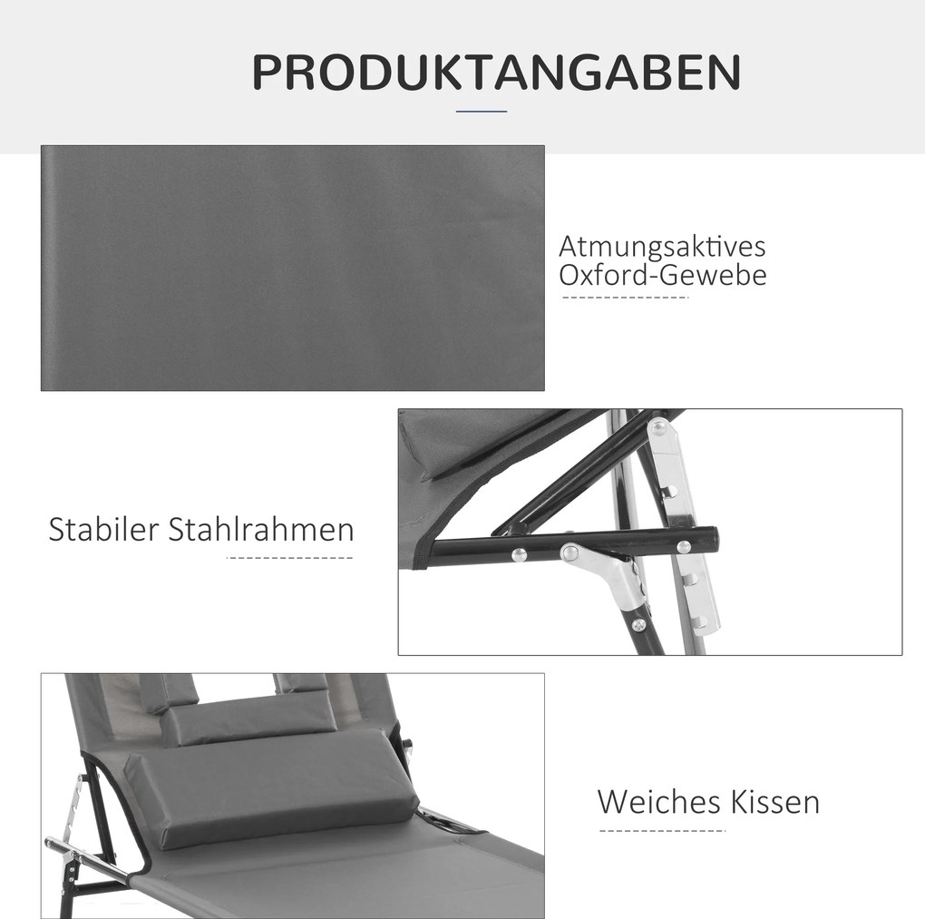 Outsunny Leżak z otworem na twarz i poduszkami, składany, wodoodporne pokrycie, metalowa rama, Ciemnoszary