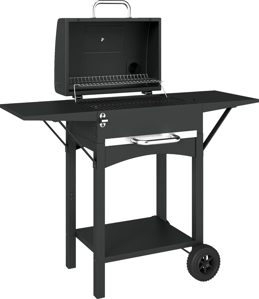 Outsunny Grill węglowy z pokrywą, BBQ Smoker z 2 bocznymi stolikami, dużą powierzchnią grillową, rusztem, termometrem i kółkami | Aosom PL