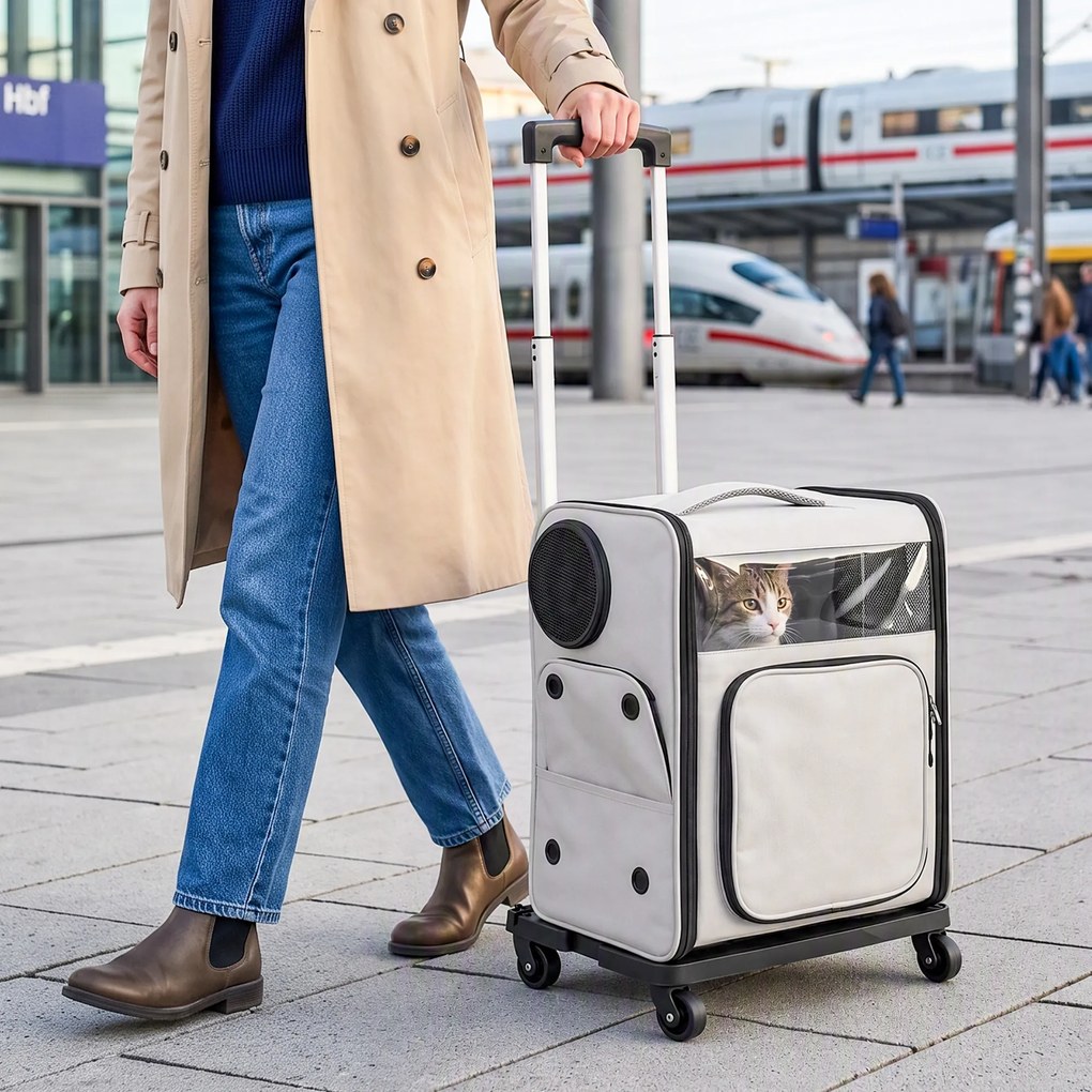 PawHut Torba transportowa na kółkach, składana skrzynia transportowa dla psów i kotów do 5 kg, oddychający trolley, szary | Aosom PL