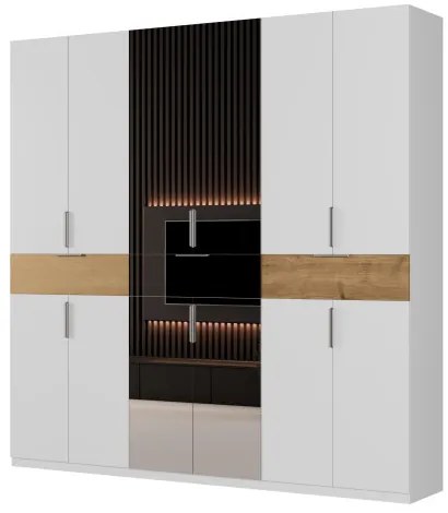 Nowoczesna szafa uchylna z lustrem 270 x 240 cm – Biel / Dąb Carpenter Whisky