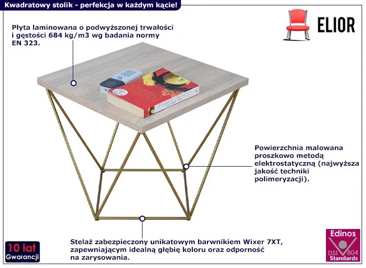 Minimalistyczny stolik druciany dąb sonoma + złoty - Mokita 5X