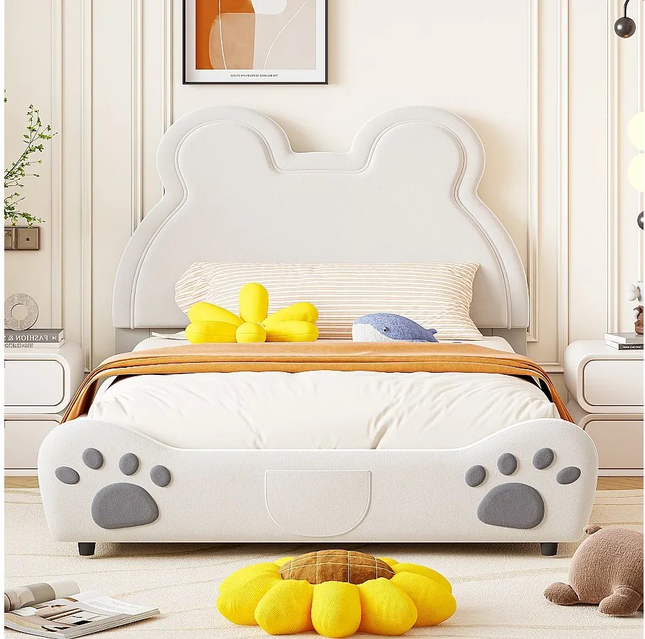 Łóżko tapicerowane z wezgłowiem 140 x 200 cm - kształt misia - aksamit - białe