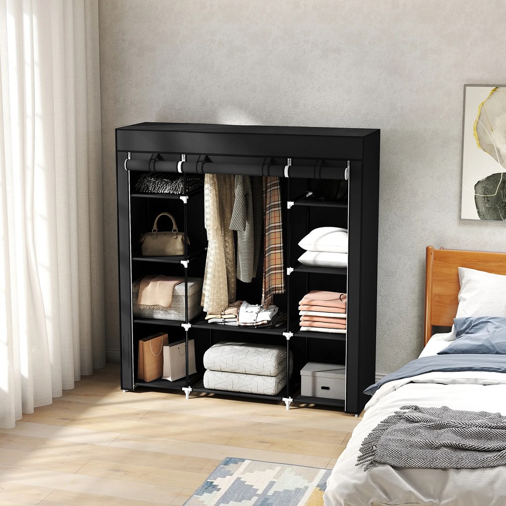 HOMCOM Szafa z włókniny Czarna Składana z 9 półkami i wieszakiem na ubrania 150x43x1625cm | Aosom PL