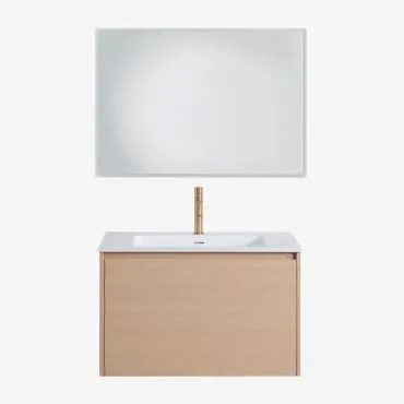 Zestaw Wiszących Mebli Łazienkowych Zintegrowany Z Umywalką Jacob Naturalna & Prostokątna Lampa Led I Przeciwmgielna 100x70 - Sklum