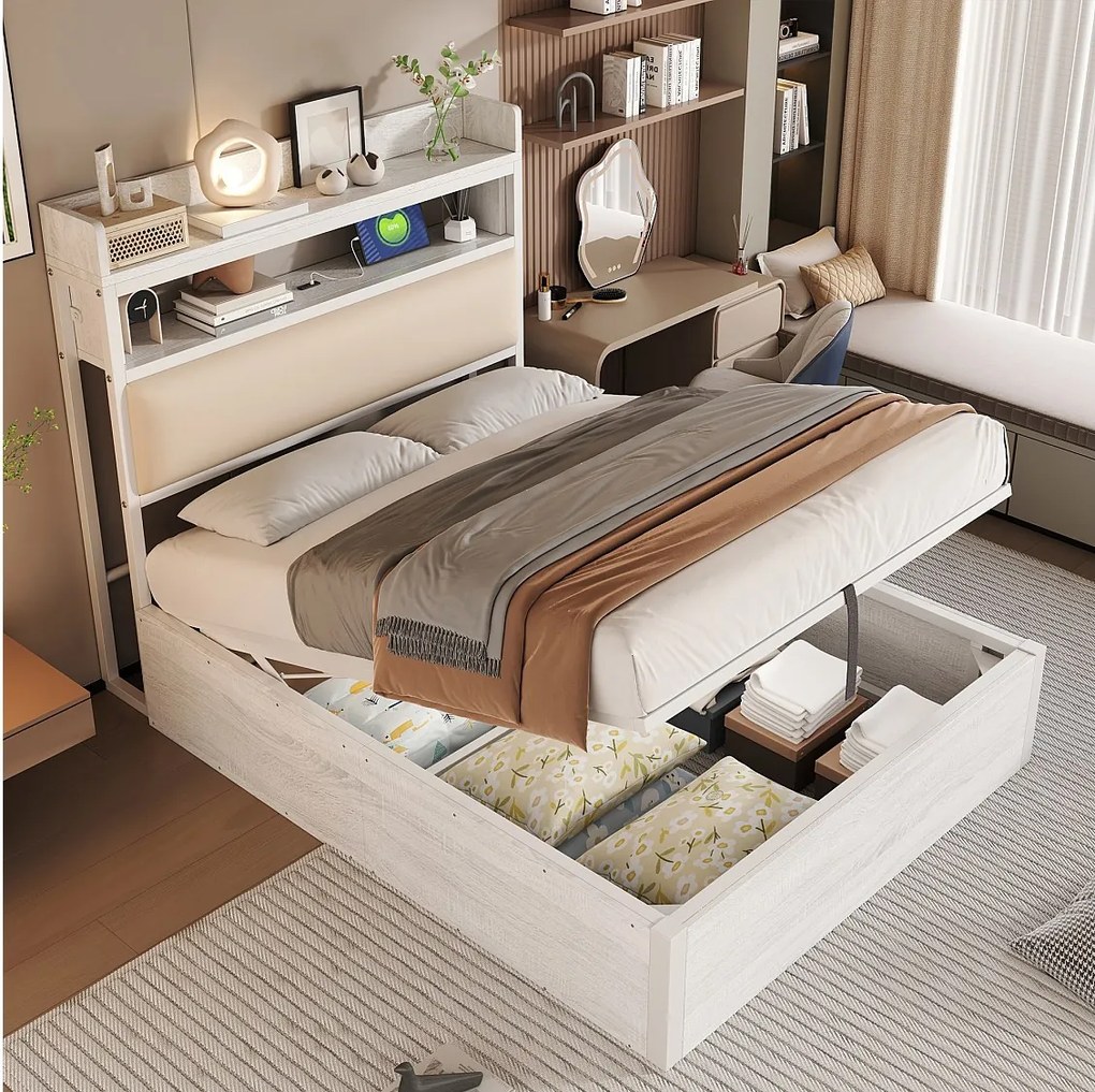 Łóżko vintage ze schowkiem - 90 x 200 - z USB + tapicerowany zagłówek ze schowkiem - Metal + tkanina + MDF - białe