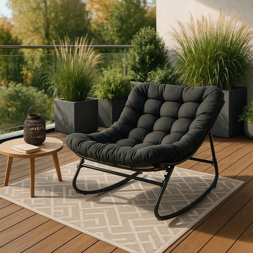 Bujany fotel na taras Aurora - bujak ogrodowy z pikowaną poduchą, czarny
