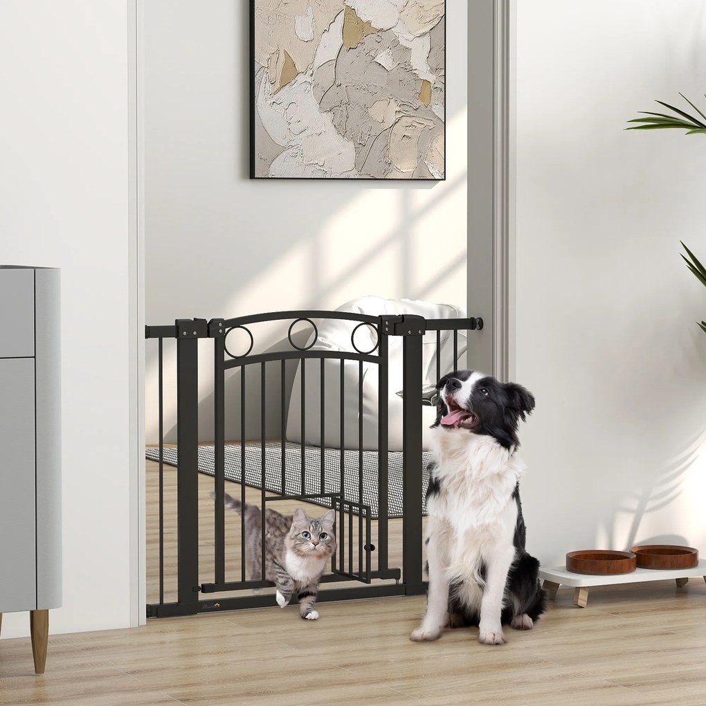 PawHut Bramka dla zwierząt regulowana 76-104 cm z drzwiczkami dla kota do schodów i drzwi czarna | Aosom PL