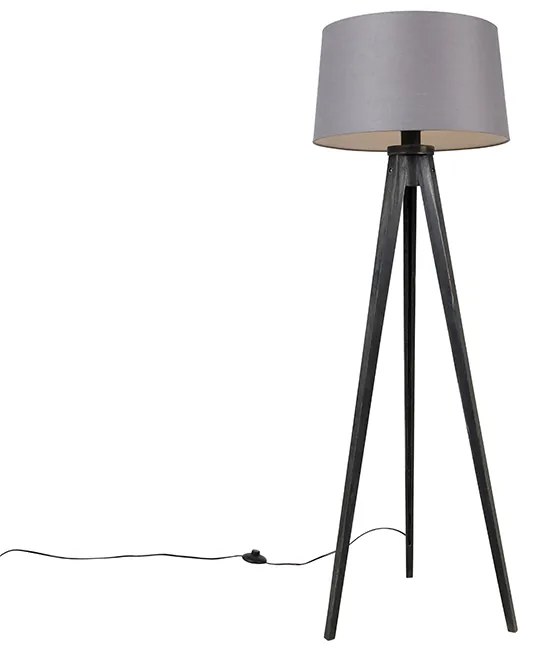 Lampa stojąca Tripod czarna z abażurem lnianym ciemnoszarym 45 cm - Tripod Classic klasyczny/Antyczny Oswietlenie wewnetrzne