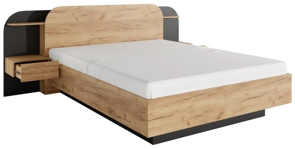 Łóżko z szafkami nocnymi 160 x 200 cm - Z oświetleniem LED - Naturalny i czarny - JUVISIA