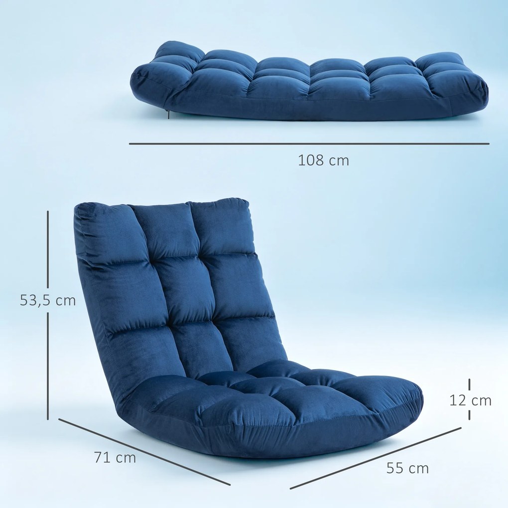 HOMCOM Sofa podłogowa z materacem Niebieska Regulowane oparcie Pluszowy materiał dla gości 55x71x53,5 cm | Aosom PL