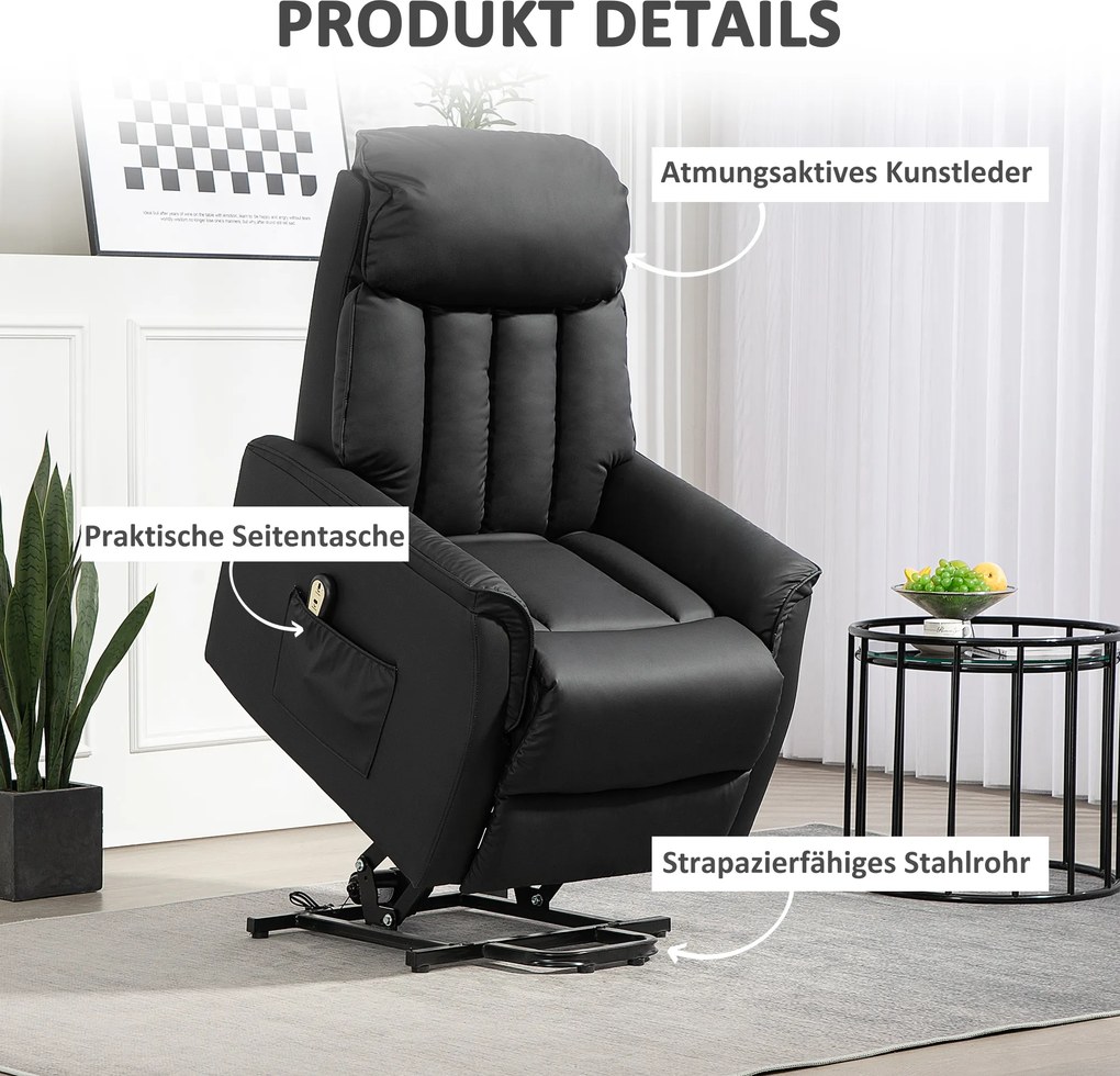 HOMCOM Elektryczny fotel do wstawania, z funkcją leżenia, skóra ekologiczna, 80 x 94 x 104 cm, Czarny | Aosom PL