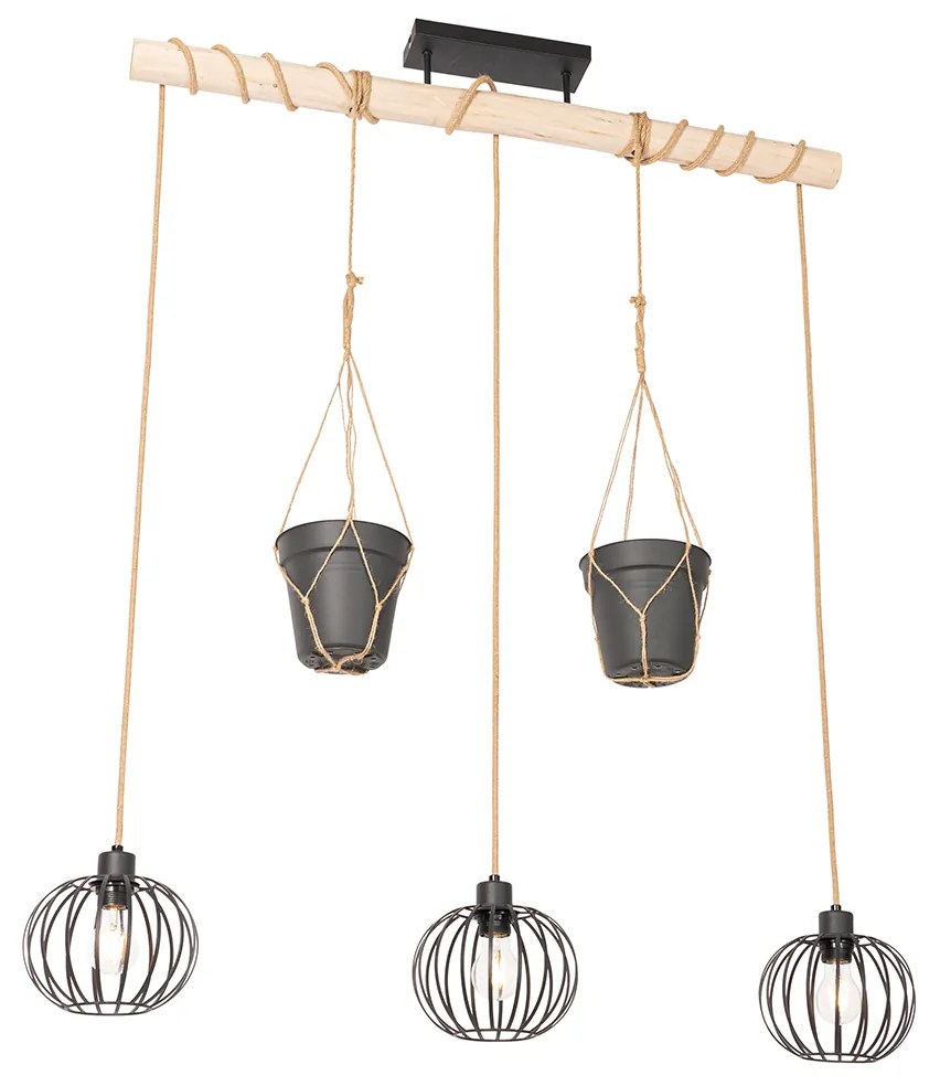 Rustykalna lampa wisząca czarna z drewnem 3-światłowa - Yura Rustykalny / Vintage Oswietlenie wewnetrzne