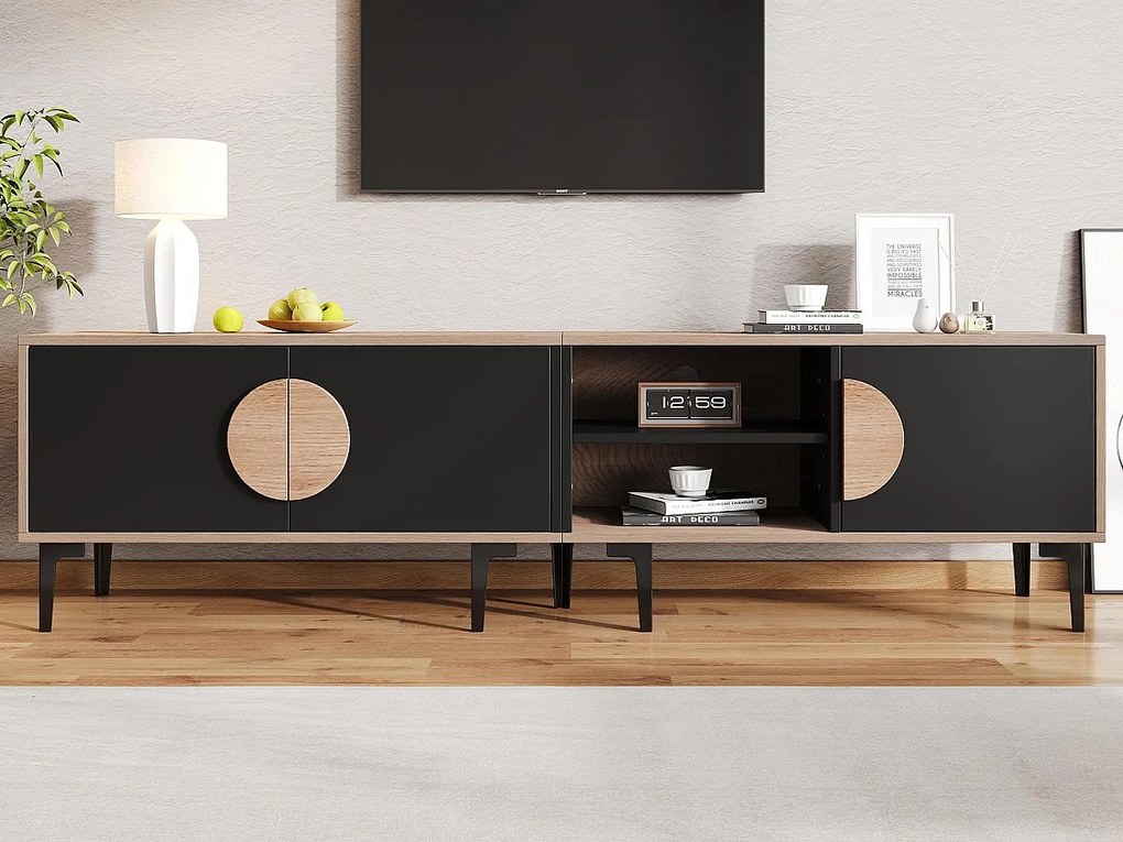 Meble pod TV 180x35x49 cm - z 3 frontami - Otwarte półki - Płyty wiórowe - Kolor naturalny i czarny