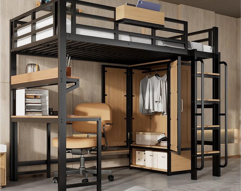 Łóżko na antresoli 90x200 cm - z biurkiem i półką przechowawczą - szafa ubraniowa z 2 drzwiami - z drabiną - Metal + MDF - Czarny + Naturalny