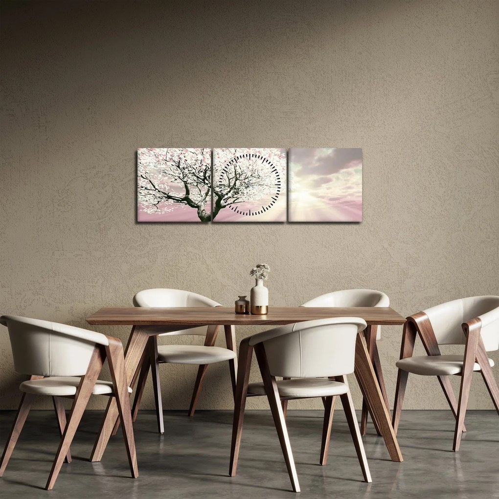 Obraz różowego drzewa (z zegarem) (90x30 cm)