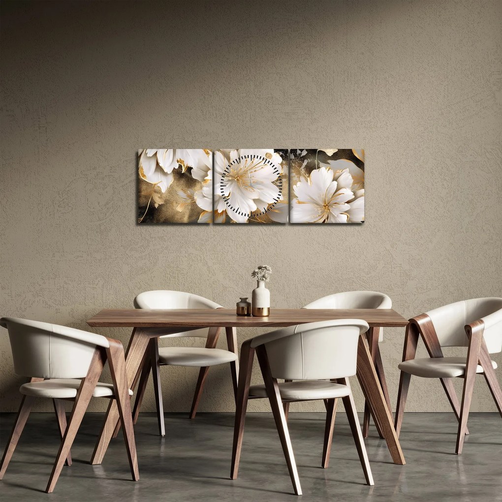 Obraz - Kwiaty w kolorze złotym (z zegarem) (90x30 cm)
