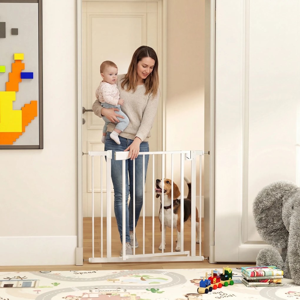 PawHut Bramka Ochronna Bez Wiercenia z Automatycznym Zamykaniem dla Dzieci i Zwierząt 76–89 x 76 cm, Biała | Aosom PL