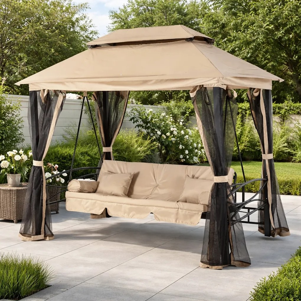 Huśtawka ogrodowa 2w1 z funkcją leżenia i moskitierą Luxe, beżowy/czarny