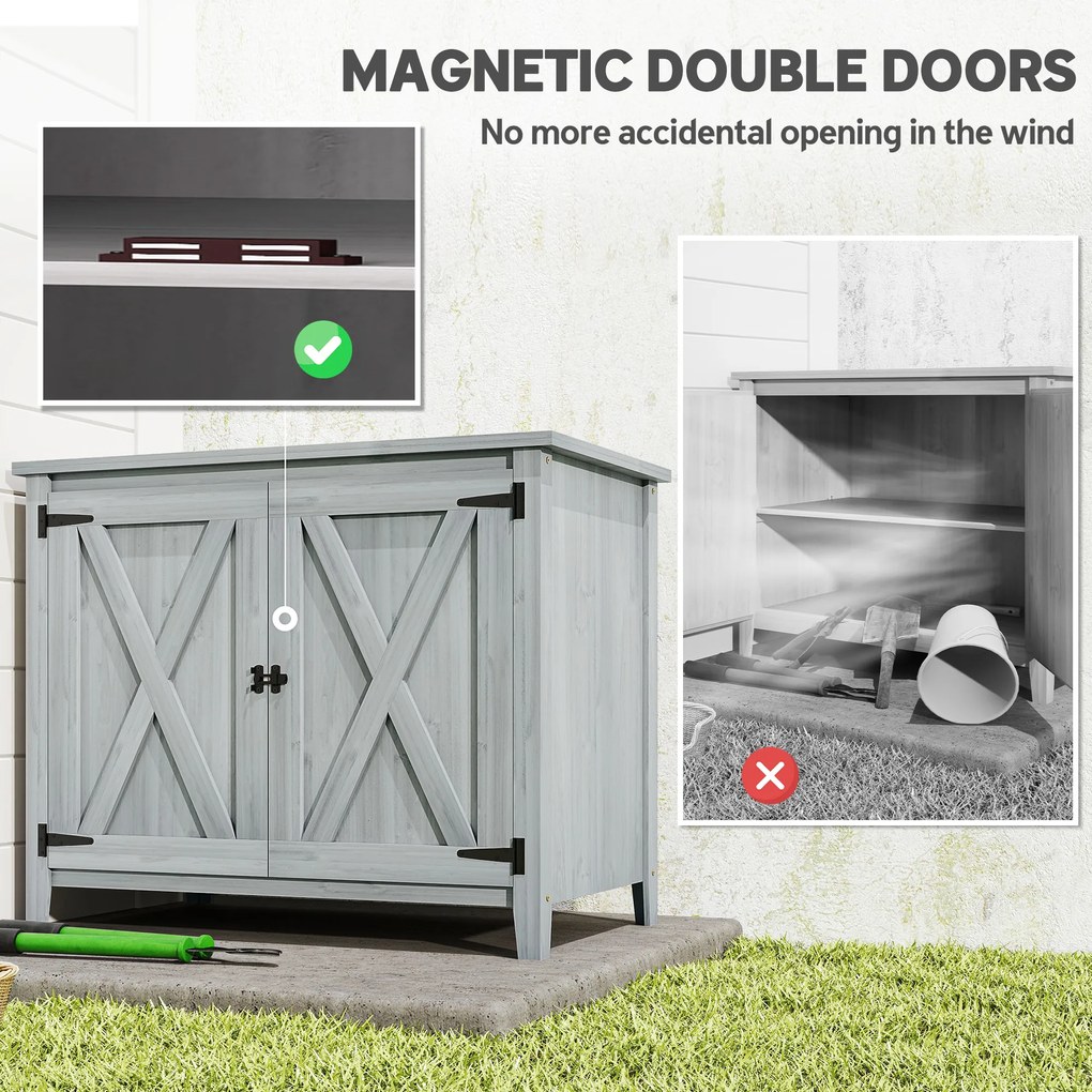 Outsunny Szafka Ogrodowa, Drewniana Szafka na Narzędzia Ogrodowe, Szafka zewnętrzna na Taras, z Podwójnymi Drzwiami, Design Stodoły, Jasnoszary