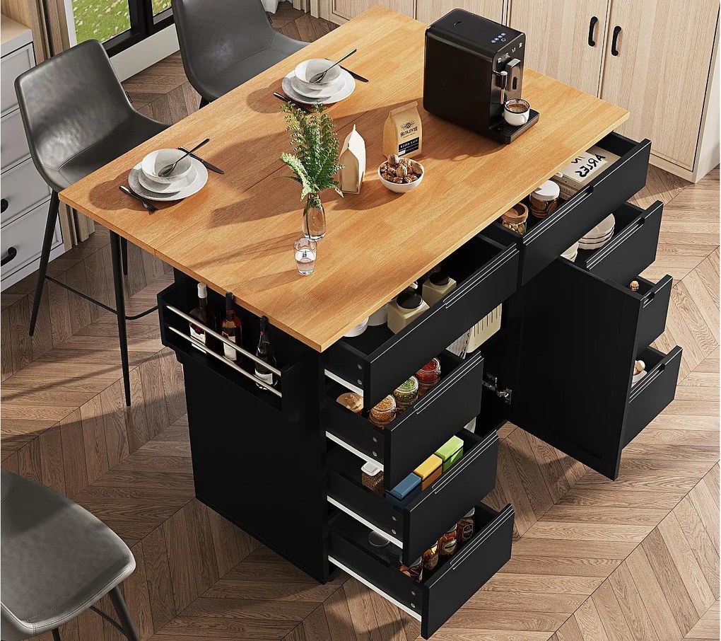 Mobilna wyspa kuchenna - Blat wysuwany - 8 szuflad i 1 drzwi - Z półką na przyprawy - MDF - Czarny
