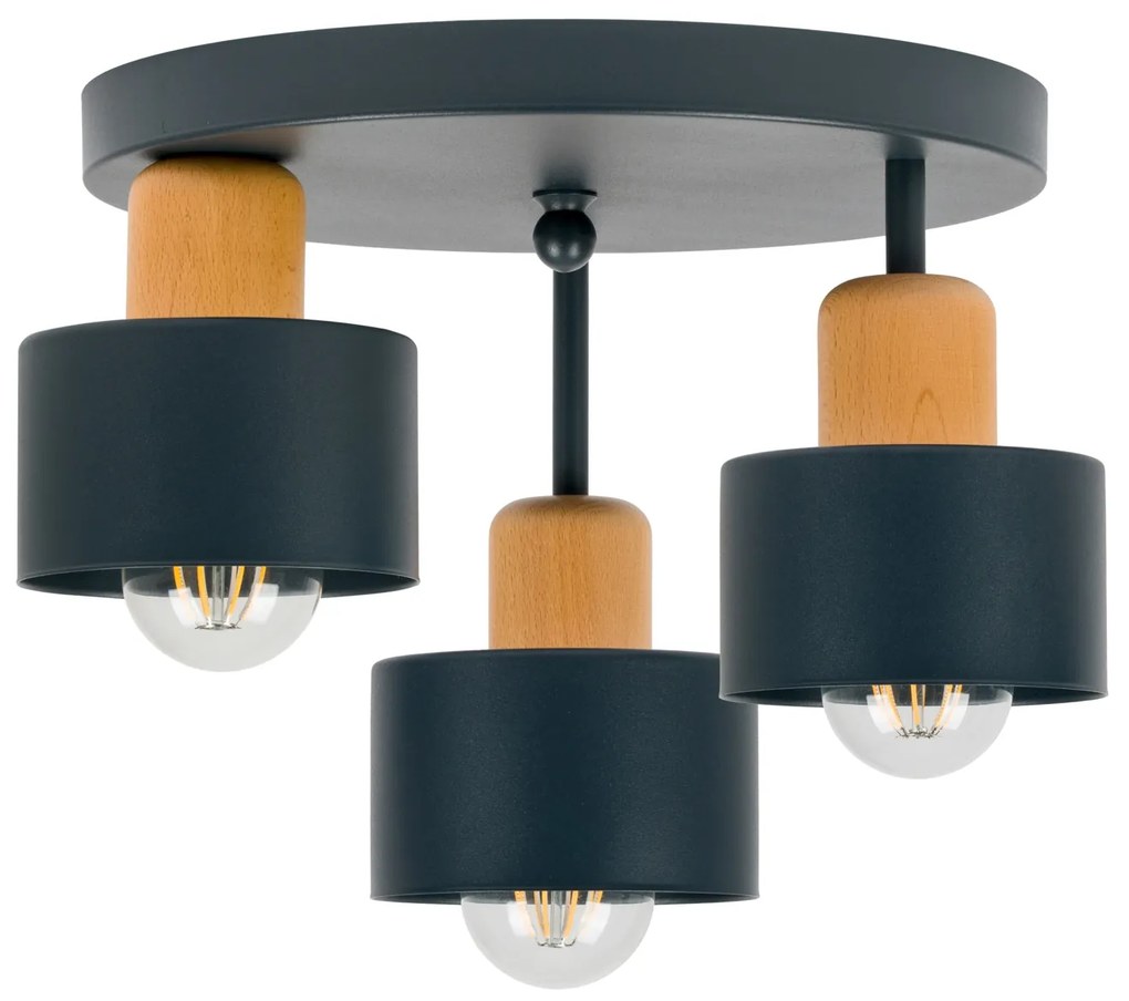 Antracytowa lampa sufitowa, trzypunktowy spot DBU3030AN z drewna i met