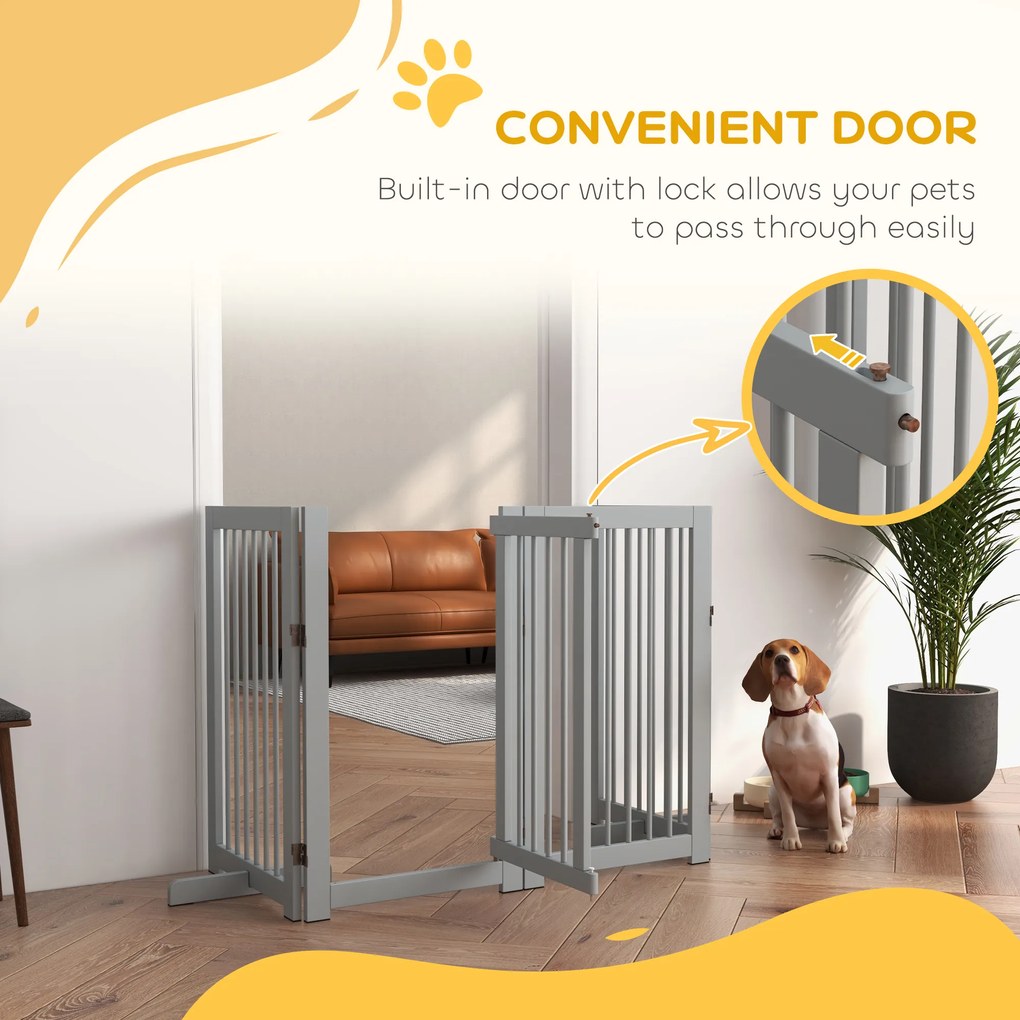 PawHut Bramka Zabezpieczająca dla Psów, Wolnostojąca, Składana, z Drzwiami i Nóżkami, Rama Drewniana, 220x36x91cm, Jasnoszary