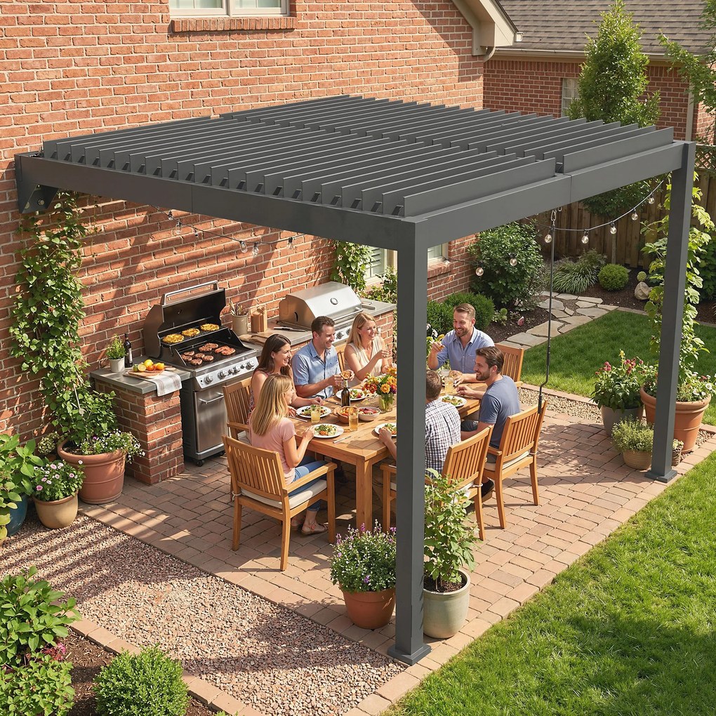 Outsunny Pergola ok. 3x3 m aluminiowa zadaszenie tarasu z regulowanym dachem lamelowym montaż na ścianie ciemnoszara | Aosom PL
