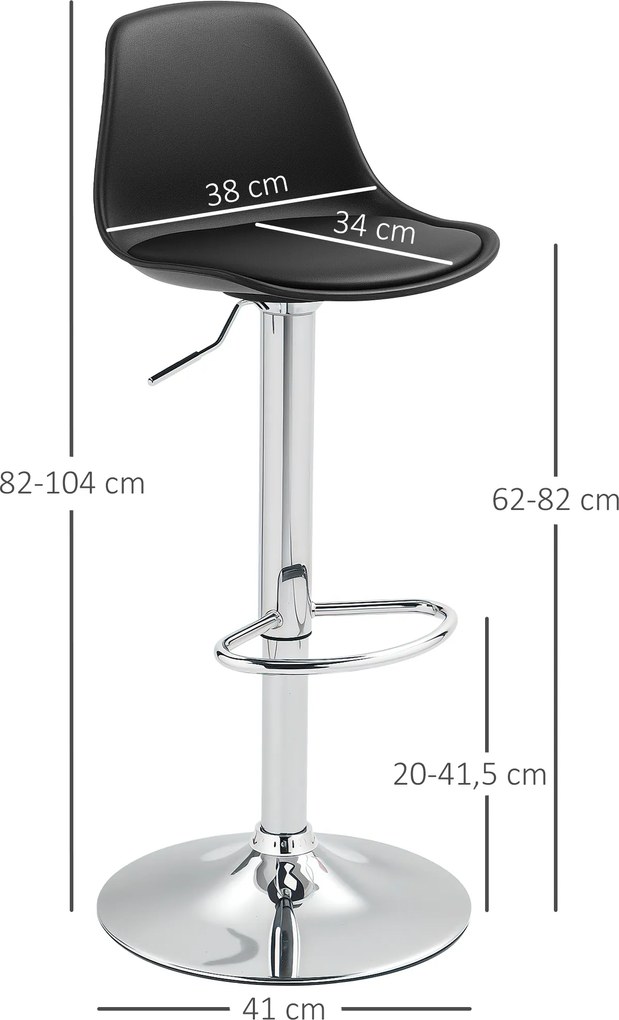 HOMCOM Zestaw 2 Stołków Barowych z Oparciem, Obrotowe, Regulowane na Wysokość, Nośność do 120 kg, 42 x 38 x 82-104 cm, Czarny