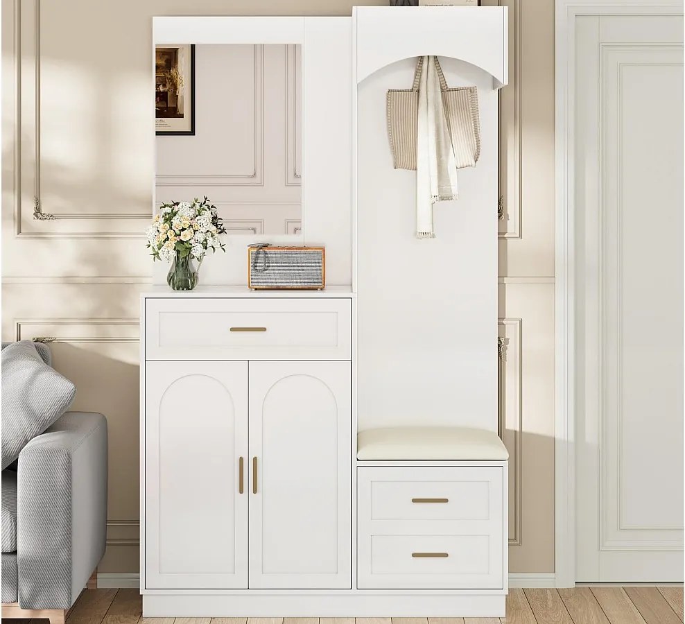 Zestaw na ubrania do przedpokoju 110x33x185,5 cm - 3 drzwi i 1 szuflada - Szafa na buty i ławka butowa - z lustrem - Biały